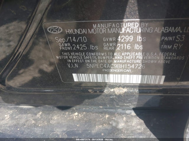 Продаж на аукціоні авто 2011 Hyundai Sonata Se, vin: 5NPEC4AC9BH154726, номер лоту: 45872174