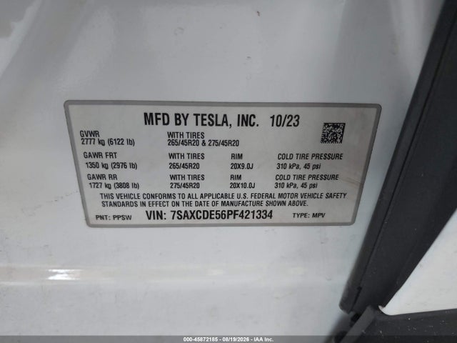 2023 Tesla Model X Dual Motor All-wheel Drive/standard Range მანქანა იყიდება აუქციონზე, vin: 7SAXCDE56PF421334, აუქციონის ნომერი: 45872185