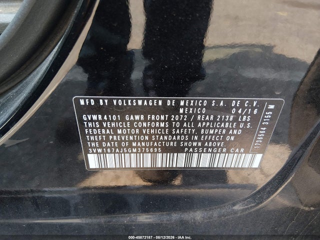 2016 Volkswagen Jetta 1.4t S მანქანა იყიდება აუქციონზე, vin: 3VW167AJ5GM375695, აუქციონის ნომერი: 45872187