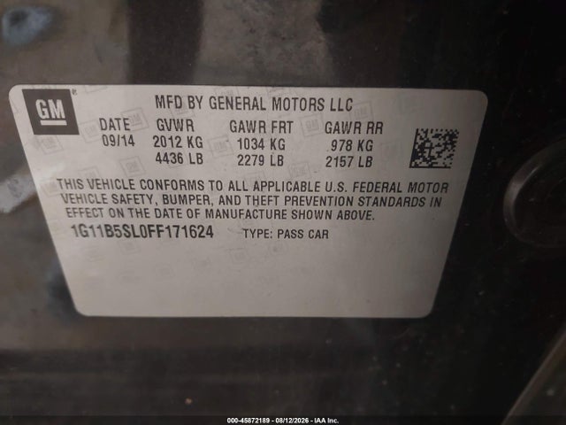 2015 Chevrolet Malibu Ls მანქანა იყიდება აუქციონზე, vin: 1G11B5SL0FF171624, აუქციონის ნომერი: 45872189