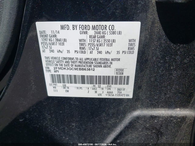 Продаж на аукціоні авто 2014 Ford Edge Se, vin: 2FMDK3GC9EBB63812, номер лоту: 45872195