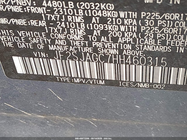 Aukcja sprzedaży 2017 Subaru Forester 2.5i Premium, vin: JF2SJAGC7HH460315, numer aukcji: 45872206