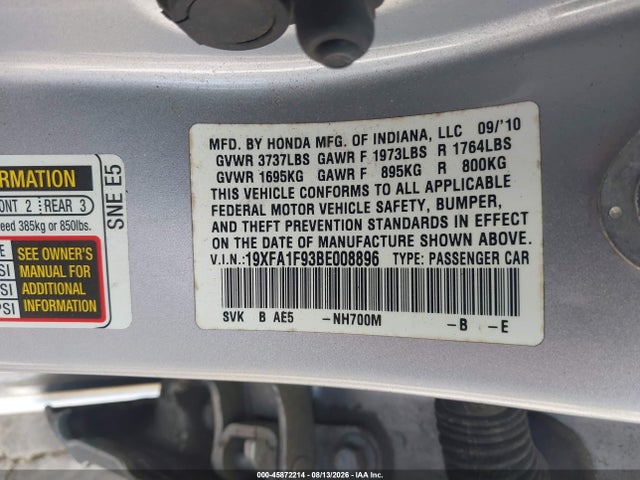 45872214 :رقم المزاد ، 19XFA1F93BE008896 vin ، 2011 Honda Civic Ex-l مزاد بيع