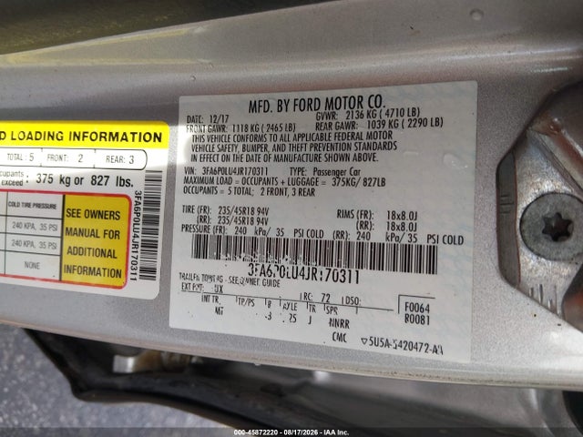 Продаж на аукціоні авто 2018 Ford Fusion Hybrid Se, vin: 3FA6P0LU4JR170311, номер лоту: 45872220