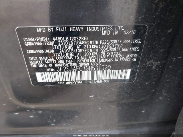 Продаж на аукціоні авто 2016 Subaru Forester 2.5i Premium, vin: JF2SJAFC7GH531920, номер лоту: 45872226