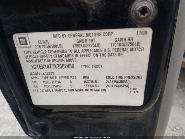 Продаж на аукціоні авто 1999 Gmc New Sierra 1500 Sle, vin: 1GTEK14T7XZ502486, номер лоту: 45872229