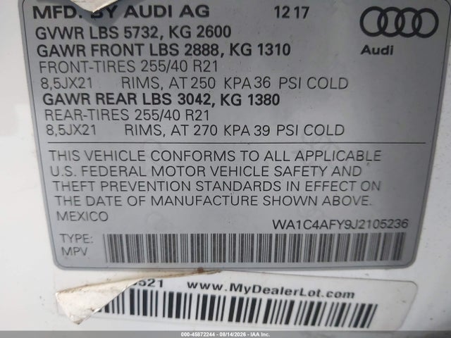45872244 :رقم المزاد ، WA1C4AFY9J2105236 vin ، 2018 Audi Sq5 3.0t Premium Plus مزاد بيع