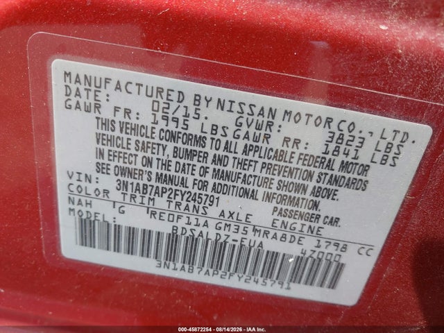 2015 Nissan Sentra Fe+ S/s/sl/sr/sv მანქანა იყიდება აუქციონზე, vin: 3N1AB7AP2FY245791, აუქციონის ნომერი: 45872254
