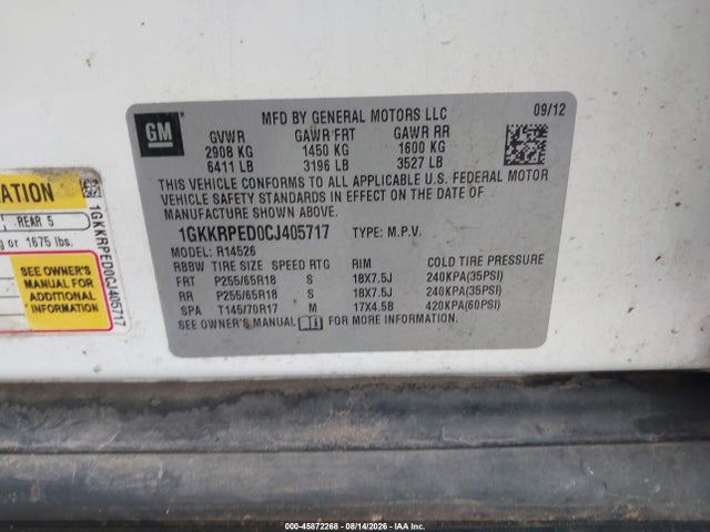Продаж на аукціоні авто 2012 Gmc Acadia Sle, vin: 1GKKRPED0CJ405717, номер лоту: 45872268