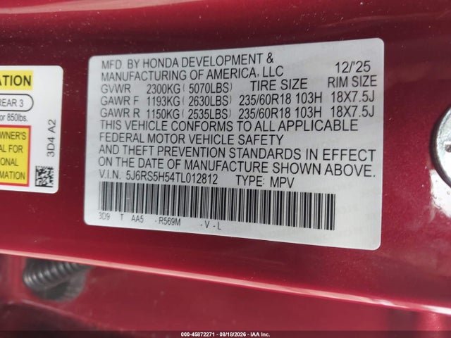 45872271 :رقم المزاد ، 5J6RS5H54TL012812 vin ، 2026 Honda Cr-v Hybrid 2wd Sport مزاد بيع