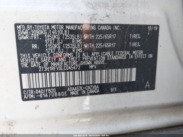 2020 Toyota Rav4 Le მანქანა იყიდება აუქციონზე, vin: 2T3H1RFVXLC045472, აუქციონის ნომერი: 45872279