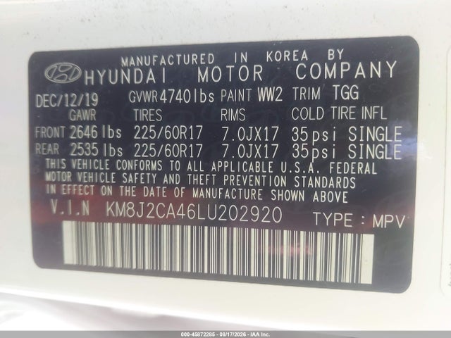 45872285 :رقم المزاد ، KM8J2CA46LU202920 vin ، 2020 Hyundai Tucson Se مزاد بيع