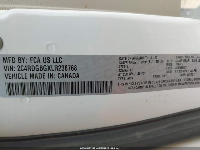 45872297 :رقم المزاد ، 2C4RDGBGXLR238768 vin ، 2020 Dodge Grand Caravan Se مزاد بيع