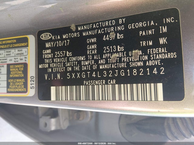 45872300 :رقم المزاد ، 5XXGT4L32JG182142 vin ، 2018 Kia Optima Lx مزاد بيع
