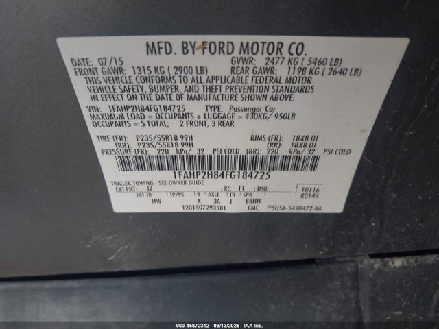 Продаж на аукціоні авто 2015 Ford Taurus Sel, vin: 1FAHP2H84FG184725, номер лоту: 45872312