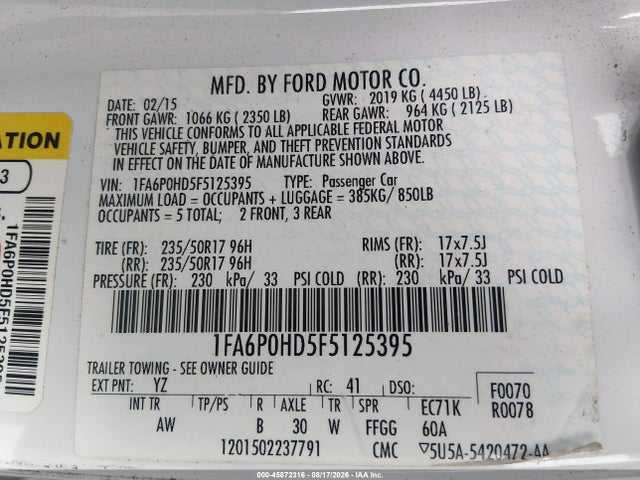 45872316 :رقم المزاد ، 1FA6P0HD5F5125395 vin ، 2015 Ford Fusion Se مزاد بيع