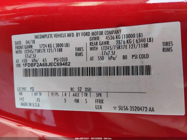 45872321 :رقم المزاد ، 1FDBF2A68JEC69482 vin ، 2018 Ford F-250 Xl مزاد بيع
