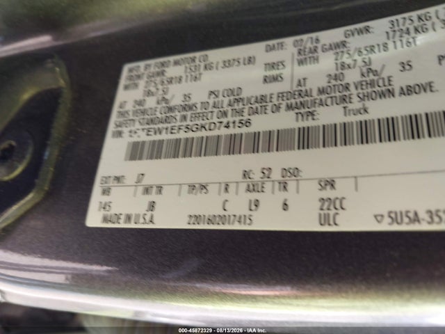 45872329 :رقم المزاد ، 1FTEW1EF5GKD74156 vin ، 2016 Ford F-150 Xlt مزاد بيع
