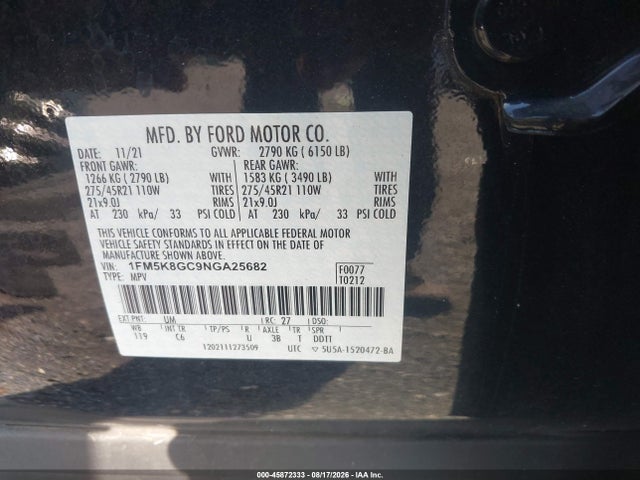 45872333 :رقم المزاد ، 1FM5K8GC9NGA25682 vin ، 2022 Ford Explorer St مزاد بيع