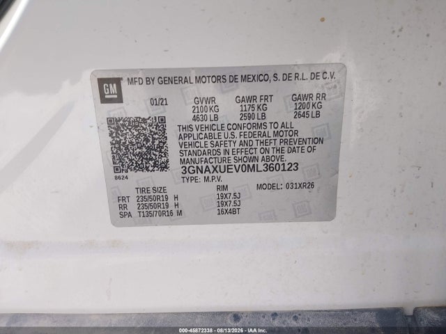 Продаж на аукціоні авто 2021 Chevrolet Equinox Awd Lt, vin: 3GNAXUEV0ML360123, номер лоту: 45872338