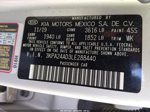 45872345 :رقم المزاد ، 3KPA24AD3LE288440 vin ، 2020 Kia Rio Lx مزاد بيع
