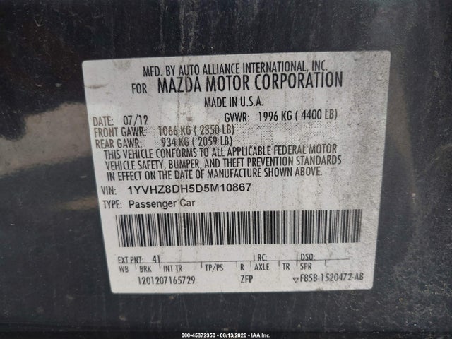 Aukcja sprzedaży 2013 Mazda Mazda6 I Touring, vin: 1YVHZ8DH5D5M10867, numer aukcji: 45872350