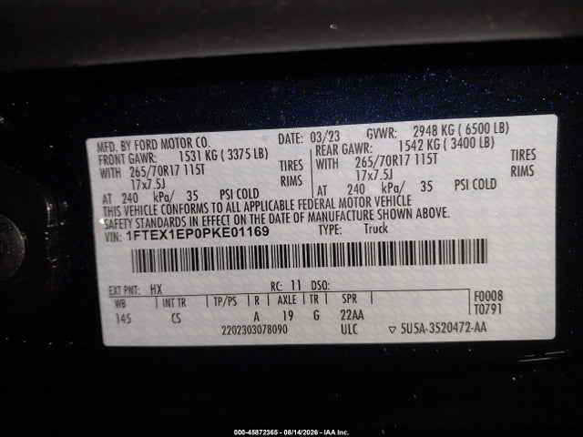 45872365 :رقم المزاد ، 1FTEX1EP0PKE01169 vin ، 2023 Ford F-150 Xl مزاد بيع
