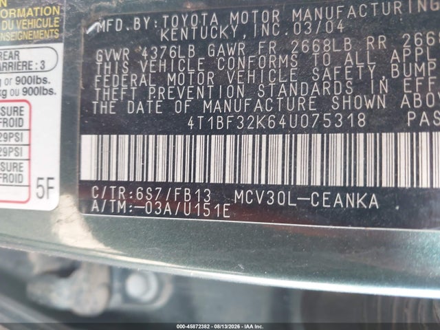 2004 Toyota Camry Le V6 მანქანა იყიდება აუქციონზე, vin: 4T1BF32K64U075318, აუქციონის ნომერი: 45872382