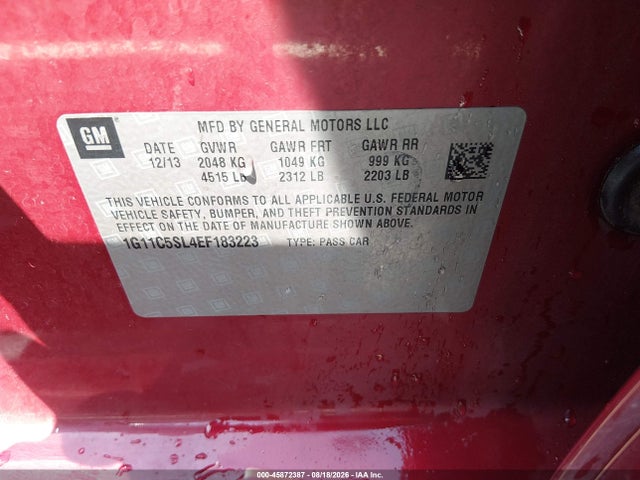 45872387 :رقم المزاد ، 1G11C5SL4EF183223 vin ، 2014 Chevrolet Malibu 1lt مزاد بيع