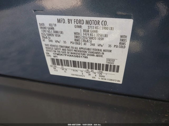 Продаж на аукціоні авто 2019 Ford Explorer Limited, vin: 1FM5K7FHXKGB51780, номер лоту: 45872399