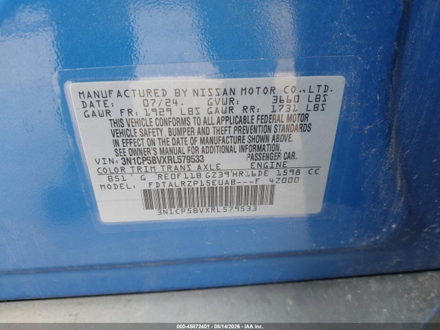2024 Nissan Kicks S Xtronic Cvt მანქანა იყიდება აუქციონზე, vin: 3N1CP5BVXRL579533, აუქციონის ნომერი: 45872401