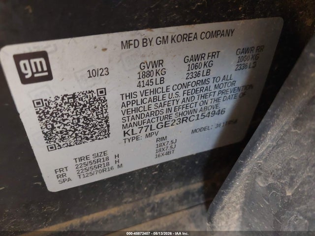 45872407 :رقم المزاد ، KL77LGE23RC154946 vin ، 2024 Chevrolet Trax Fwd 1rs مزاد بيع