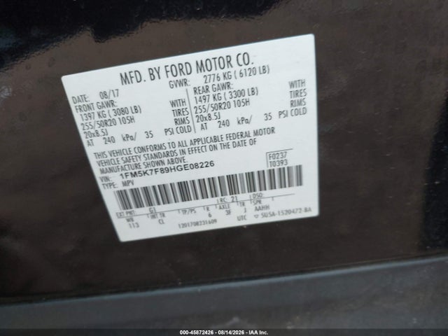45872426 :رقم المزاد ، 1FM5K7F89HGE08226 vin ، 2017 Ford Explorer Limited مزاد بيع