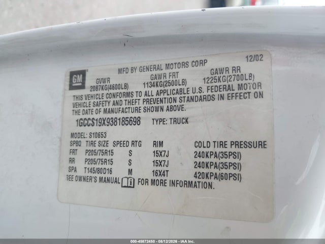 45872450 :رقم المزاد ، 1GCCS19X938185698 vin ، 2003 Chevrolet S-10 Ls مزاد بيع