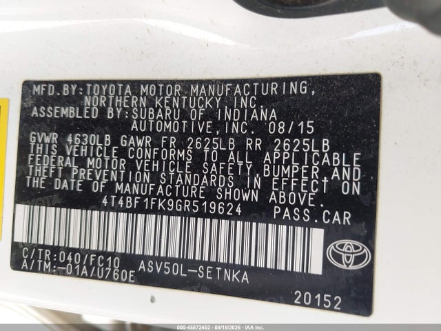 Продажа на аукционе авто 2016 Toyota Camry Le, vin: 4T4BF1FK9GR519624, номер лота: 45872452