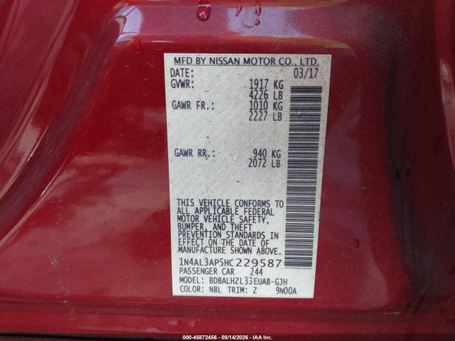 45872456 :رقم المزاد ، 1N4AL3AP5HC229587 vin ، 2017 Nissan Altima 2.5 Sr مزاد بيع