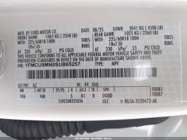 45872469 :رقم المزاد ، 1FMCU9MN0SUB65257 vin ، 2025 Ford Escape St-line مزاد بيع