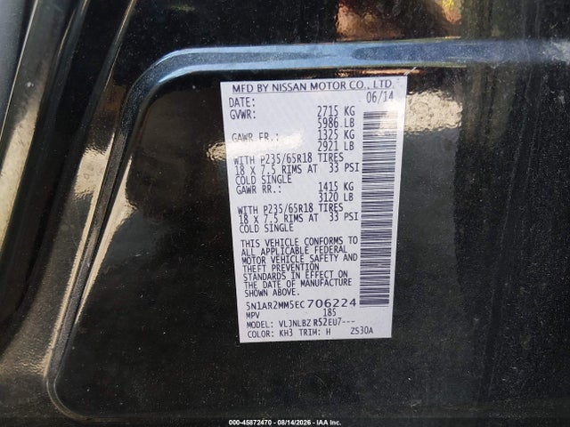 Продаж на аукціоні авто 2014 Nissan Pathfinder S, vin: 5N1AR2MM5EC706224, номер лоту: 45872470
