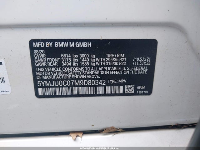 45872494 :رقم المزاد ، 5YMJU0C07M9D80342 vin ، 2021 Bmw X5 M مزاد بيع