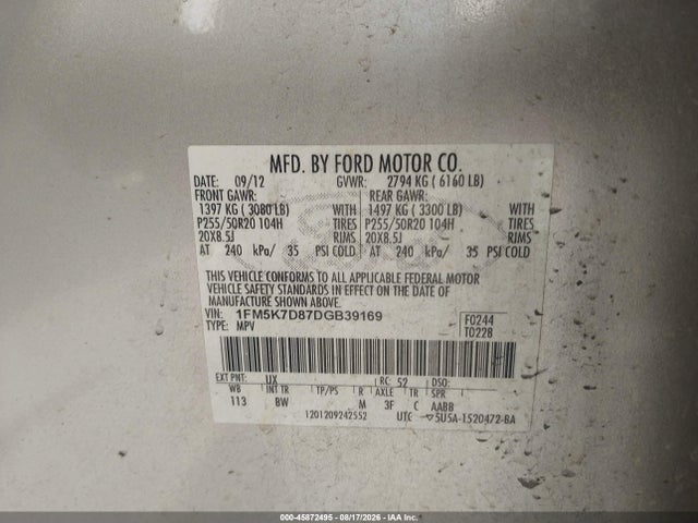 Продаж на аукціоні авто 2013 Ford Explorer Xlt, vin: 1FM5K7D87DGB39169, номер лоту: 45872495