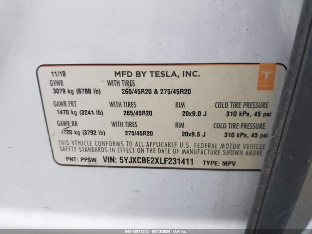 Aukcja sprzedaży 2020 Tesla Model X Long Range Dual Motor All-wheel Drive/long Range Plus Dual Motor All-wheel Drive, vin: 5YJXCBE2XLF231411, numer aukcji: 45872503