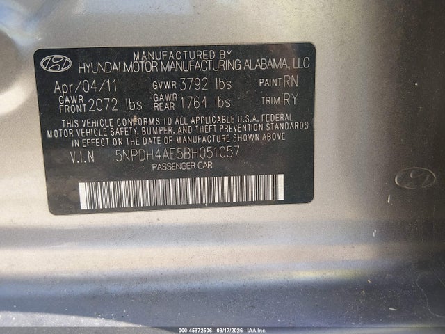 45872506 :رقم المزاد ، 5NPDH4AE5BH051057 vin ، 2011 Hyundai Elantra Limited مزاد بيع