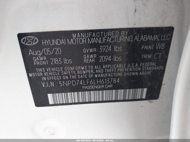Aukcja sprzedaży 2020 Hyundai Elantra Se, vin: 5NPD74LF6LH613784, numer aukcji: 45872518