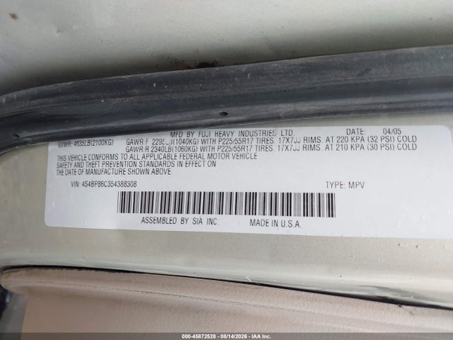 45872528 :رقم المزاد ، 4S4BP86C354388308 vin ، 2005 Subaru Outback 3.0r L.l. Bean Edition مزاد بيع