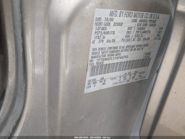 Aukcja sprzedaży 2001 Ford F-150, vin: 1FTRW07L11KF66793, numer aukcji: 45872532