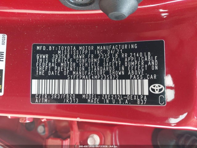 2021 Toyota Corolla Le მანქანა იყიდება აუქციონზე, vin: 5YFEPMAE4MP235872, აუქციონის ნომერი: 45872533