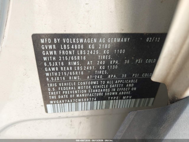 Aukcja sprzedaży 2012 Volkswagen Tiguan Le, vin: WVGAV7AX7CW569774, numer aukcji: 45872535