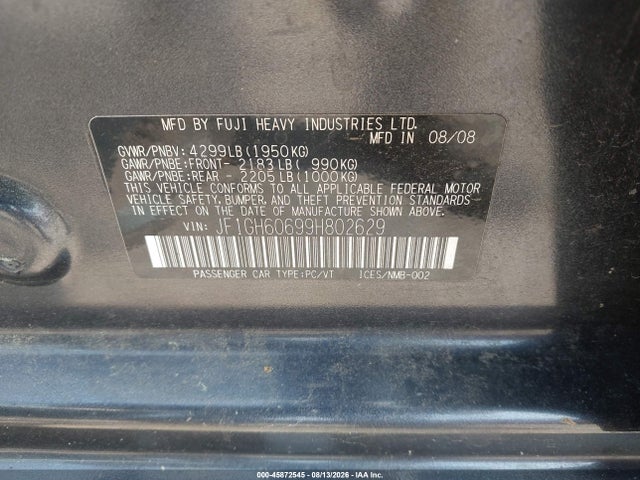 45872545 :رقم المزاد ، JF1GH60699H802629 vin ، 2009 Subaru Impreza 2.5i مزاد بيع