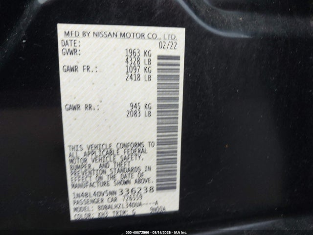 2022 Nissan Altima Sv Fwd მანქანა იყიდება აუქციონზე, vin: 1N4BL4DV5NN336238, აუქციონის ნომერი: 45872566