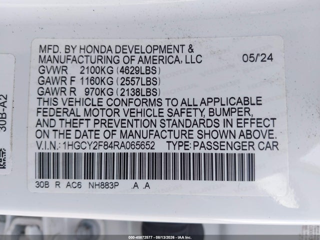 Продаж на аукціоні авто 2024 Honda Accord Hybrid Touring, vin: 1HGCY2F84RA065652, номер лоту: 45872577